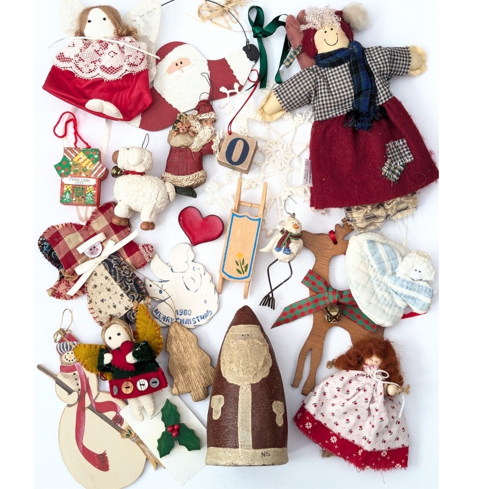 Vintage Folk Art Primitive Craft Handmade Christmas Ornament Decor Figurine Lot